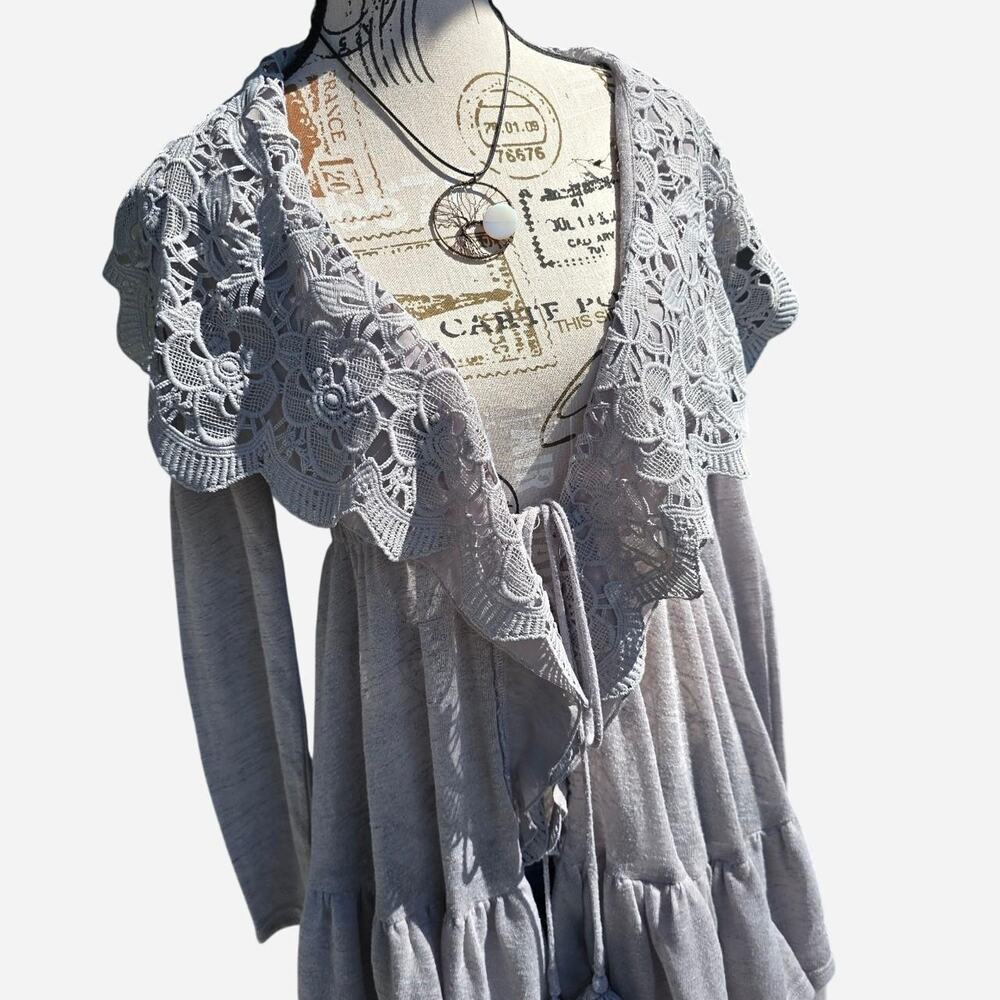 Y2K boho light blue crochet shrug with tie waist